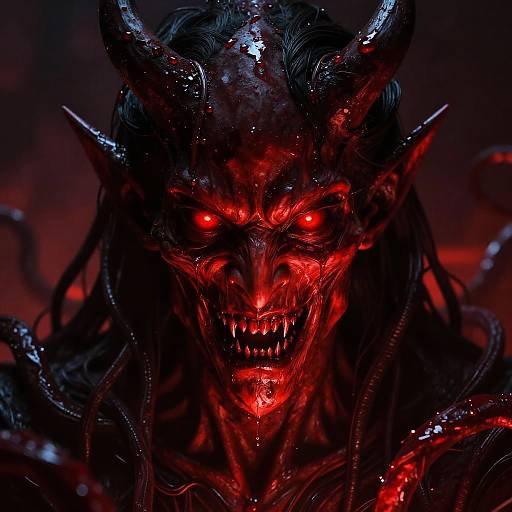 CGI demonic portrait: Red glowing eyes, sharp teeth, black horns, dripping wet with red liquid, dark hair, sinister expression, dark red and