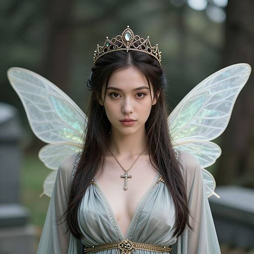 Photorealistic image of a young woman with fair skin, long dark hair, wearing a silver gown, jeweled tiara, glowing fairy wings,