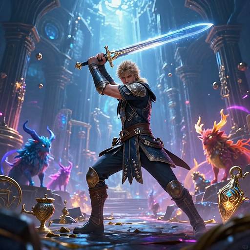 Epic fantasy scene: muscular, armored warrior with blonde hair, wielding glowing blue sword, stands defiantly against fiery, mythical creatures in grand, illuminated