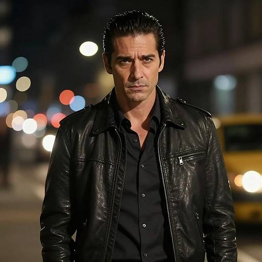 Serious Man in Black Leather Jacket at Night