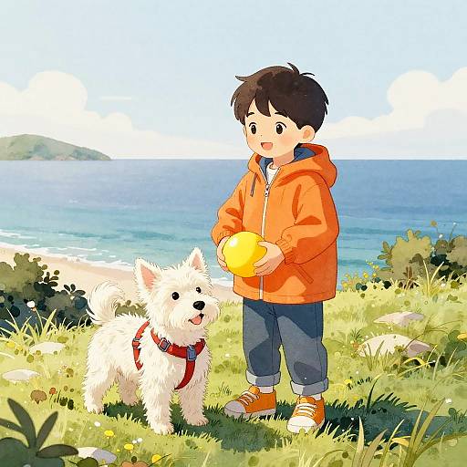 Digital anime-style drawing of a young boy in an orange hoodie and orange shoes, holding a yellow ball, standing beside a white dog with a red collar