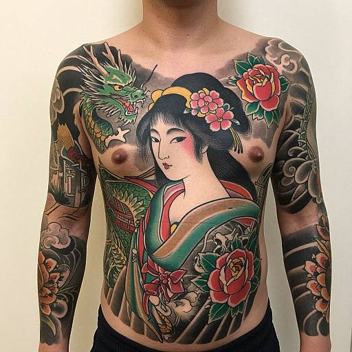 Tattooed Asian man's chest and arms with colorful traditional Japanese-style tattoo of Geisha, dragon, flowers, and rising sun, standing against