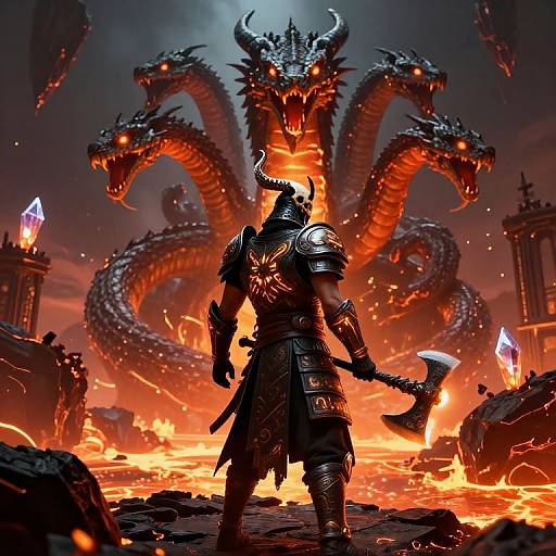 Epic digital artwork of a armored warrior with a horned helmet facing a fiery, three-headed dragon amidst a volcanic battlefield. Warrior holds a battle axe