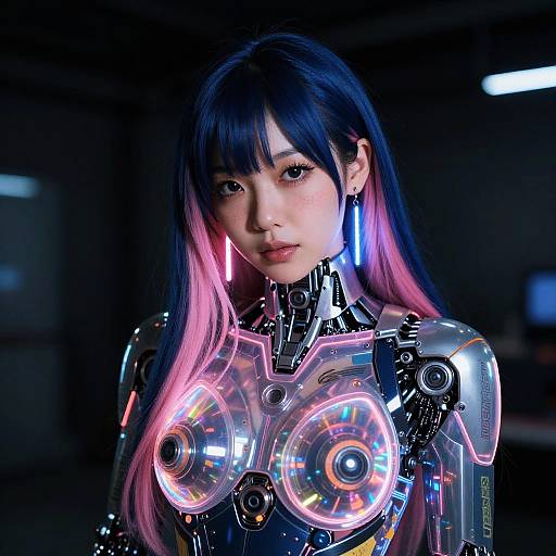 Photorealistic digital image of an Asian woman with long blue and pink hair, wearing a futuristic, cybernetic suit with glowing neon accents on her