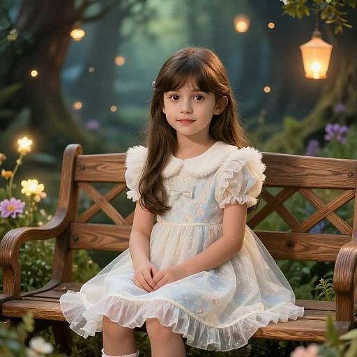 Photograph of a young girl with long brown hair, wearing a white floral dress with ruffled sleeves, sitting on a wooden bench in a magical,