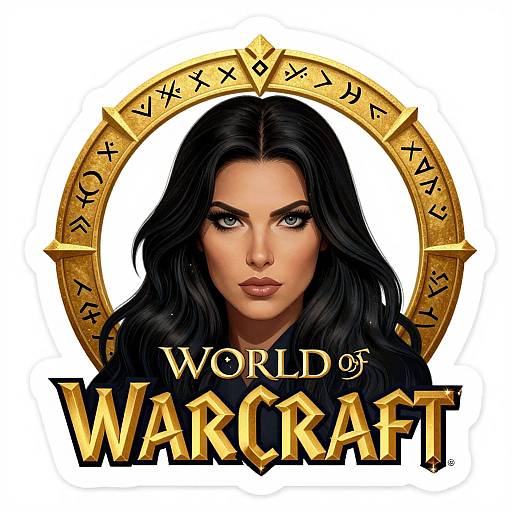 Digital illustration of a fierce woman with long black hair, piercing blue eyes, and bold makeup, framed by a golden circular rune, with 