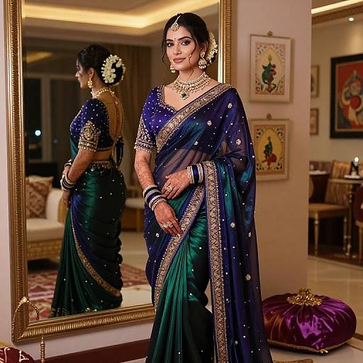 Photograph of an Indian woman in a blue-green saree with gold embroidery, standing in front of a mirror, adorned with jewelry, in a luxurious