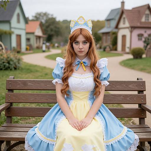 Photograph of a young woman with long red hair, wearing a blue and yellow Alice in Wonderland-style dress, sitting on a wooden bench in a quaint