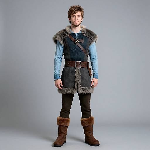 Photograph of a bearded man with brown hair, wearing a fur-trimmed medieval-style vest over a light blue shirt, brown pants, and