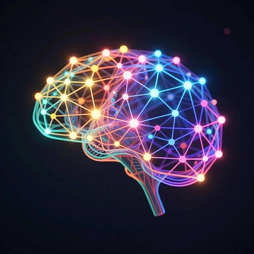 Digital artwork of a neon-colored, wireframe human brain with glowing, multicolored nodes (yellow, blue, pink) against a black background.