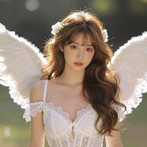 Photograph of a beautiful young Asian woman with long brown hair, wearing a white lace angel dress and glowing white feathered wings, set against a sun
