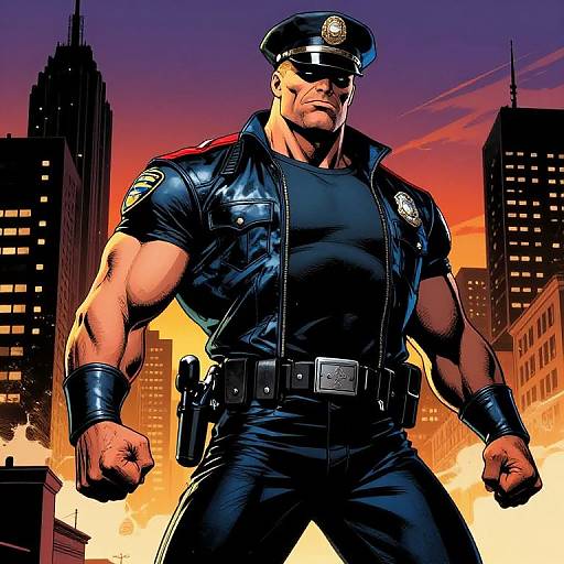 Muscular, shirtless police officer in black leather uniform, peaked cap, and wrist cuffs, holding gun, stands powerfully against a sunset cityscape