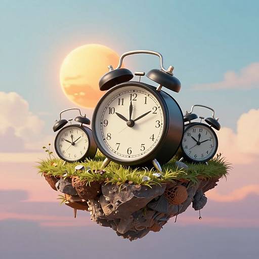 Photograph of three black vintage alarm clocks on a grassy floating island, surrounded by pinecones, set against a pink and blue sunset sky.