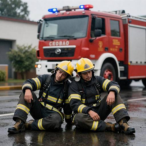 Tired Firefighters Resting on Rainy Street