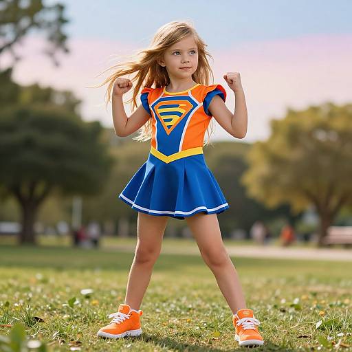 Photograph of a young blonde girl in a blue and orange Supergirl dress, standing confidently on grass with fists raised, sunny park background.