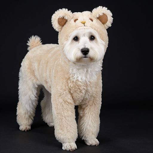 Photograph of a fluffy, white dog costume with bear ears and nose, standing on a black background. The costume mimics a teddy bear's