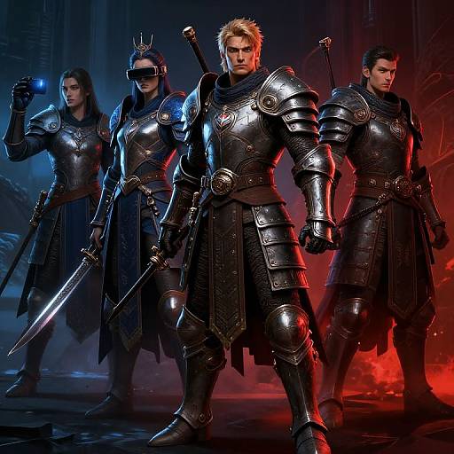 Photograph-style digital artwork of four muscular warriors in dark, shiny medieval armor, standing back-to-back in a dramatic, red and blue-lit futuristic