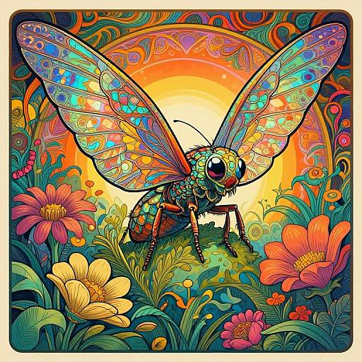 Vibrant digital illustration of a colorful, patterned dragonfly with iridescent wings, surrounded by vivid flowers and swirling patterns against a radiant sunset