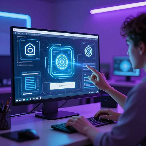 Photograph of a curly-haired person in a dimly lit, purple-lit tech workspace, pointing at a computer screen displaying biometric interface icons.