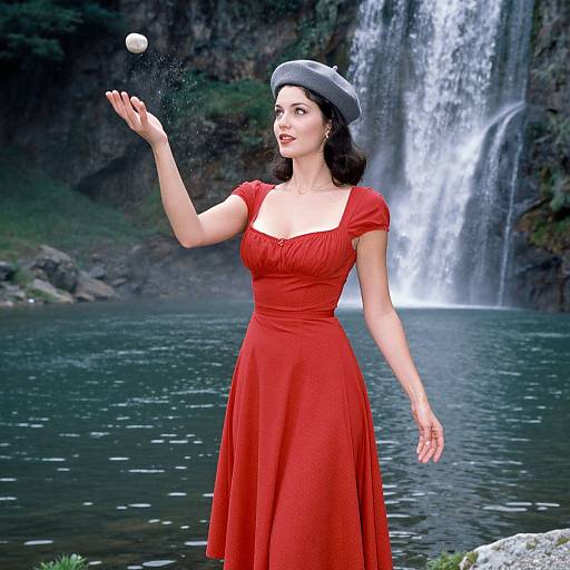 Photograph of a fair-skinned woman with dark hair, wearing a red dress and gray beret, juggling a ball by a waterfall.