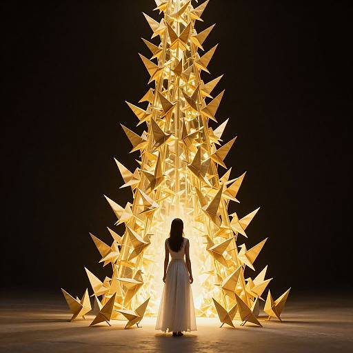 Photograph of a woman in a white dress standing before a glowing, star-shaped Christmas tree illuminated against a black background.