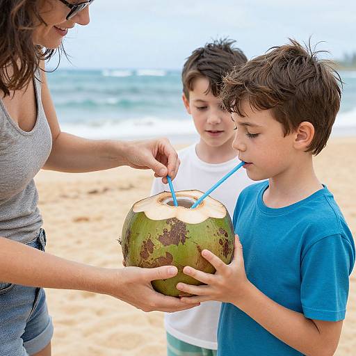 Photograph of a woman with brown hair, wearing sunglasses and a gray tank top, giving a young boy with brown hair a coconut with a straw to