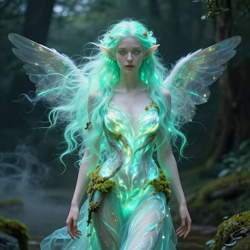 Digital fantasy art of a glowing, ethereal fairy with long turquoise hair, pointed ears, translucent wings, and a luminous, leaf-adorned
