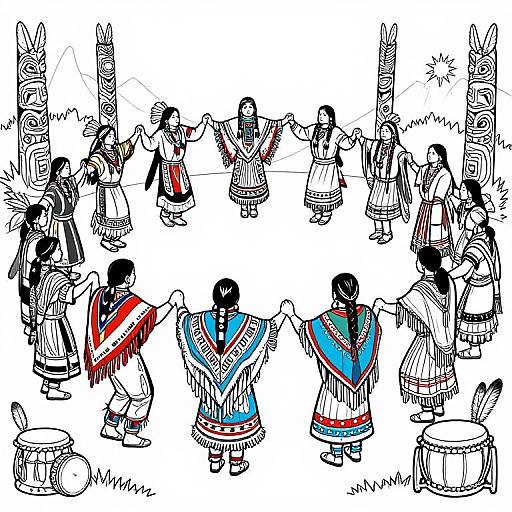 Ink drawing of Native American dancers in traditional clothing with colorful stripes, performing around drummers, surrounded by abstract animal figures.