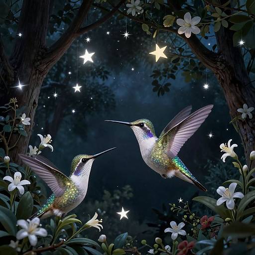 Magical night scene with two iridescent hummingbirds, glowing starry sky, and white flowers amidst dark, enchanted forest. Digital art.
