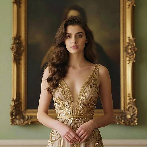 Elegant Young Woman in Gold-Embroidered Dress