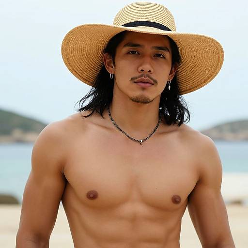 Photograph of a shirtless, muscular young man with medium brown skin, black hair, and a mustache, wearing a straw hat and necklace,