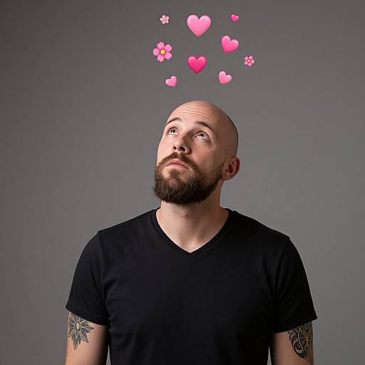 Photograph of a bald, bearded man in a black V-neck shirt, gazing upward at pink heart and paw print emojis against a gray background