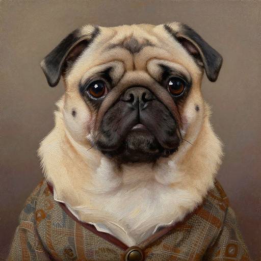 Photorealistic digital painting of a pug with tan fur, black mask, and large, expressive brown eyes, wearing a brown plaid coat.