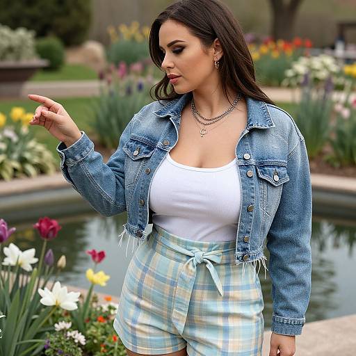 Photograph of a curvy woman with long dark hair, wearing a denim jacket, white tank top, and plaid high-waisted pants,