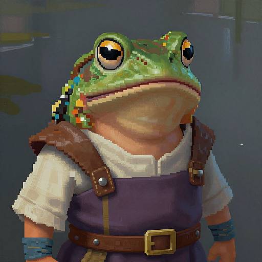 Digital pixel art of a humanoid frog wearing a white shirt, purple vest, brown leather straps, and a belt, with large, expressive eyes.