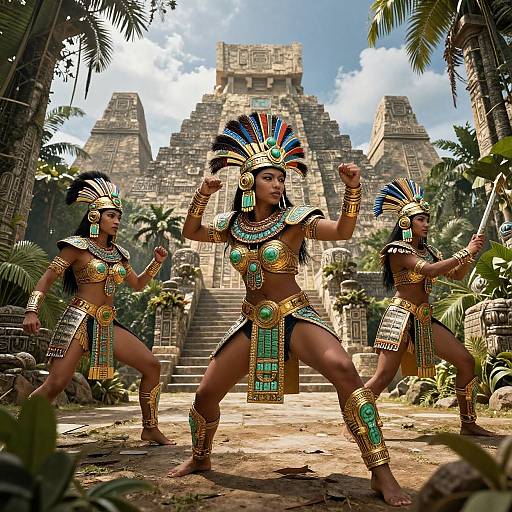 Photorealistic CGI of three Aztec warrior women in colorful headdresses and gold jewelry, dancing in front of a grand stone pyramid, surrounded by lush