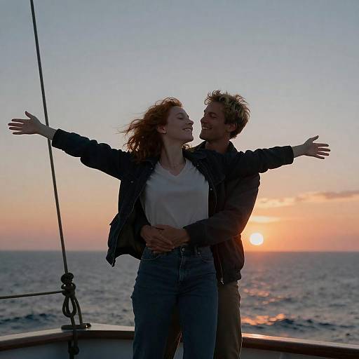 Couple Embracing on Ship at Sunset