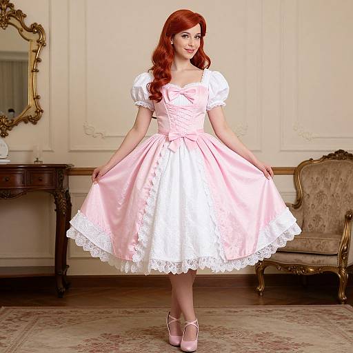 Photograph of a red-haired woman in a pink and white Victorian-style dress with lace trim, standing in an elegant room.