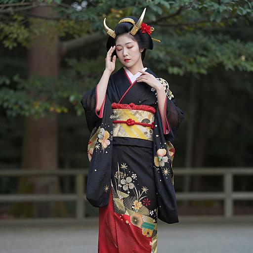 Elegant Japanese Kimono in Forest Setting