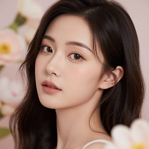 Photograph of a young Asian woman with fair skin, long black hair, and soft brown eyes, wearing a white top, against a blurred floral background