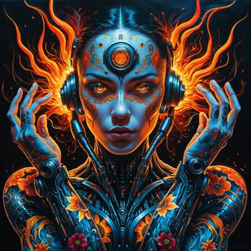 Fiery Cyborg with Floral Digital Tattoos