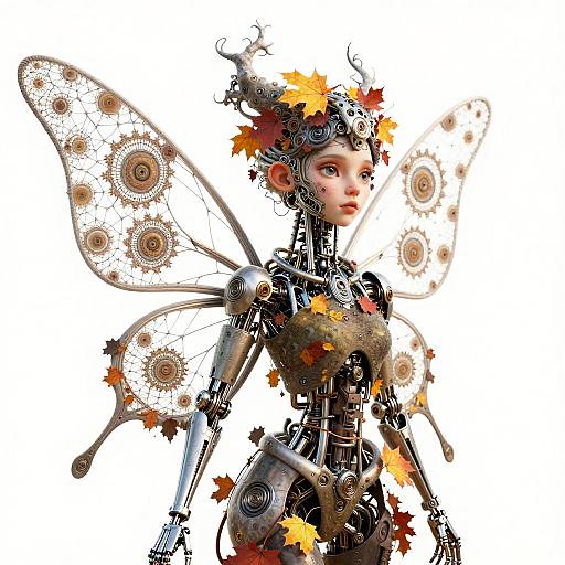 Digital art of a mechanical fairy with transparent, patterned wings adorned with autumn leaves, wearing an intricate metallic headdress, against a white background.