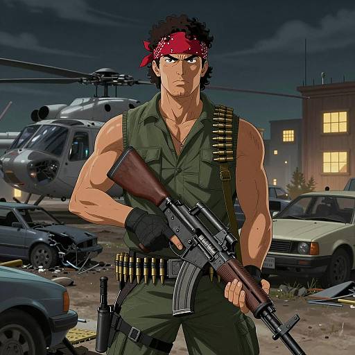 Intense Warrior in a Nighttime Urban Battle