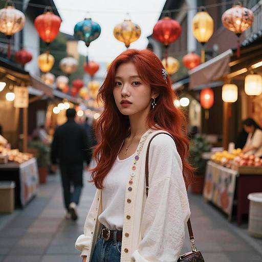 Red-Haired Asian Girl in Urban Market