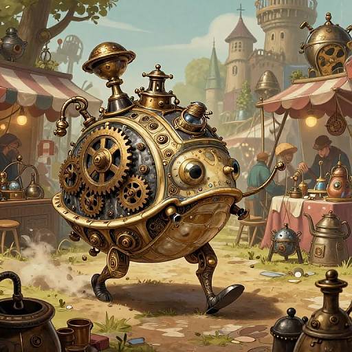Steampunk tea kettle with gears, brass details, and a whimsical face walks through a bustling outdoor market with medieval castle backdrop. Digital art.