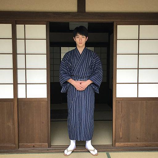 Photograph of a Japanese man standing in a traditional wooden doorway, wearing a blue striped kimono and white socks, with a serious expression. Background features
