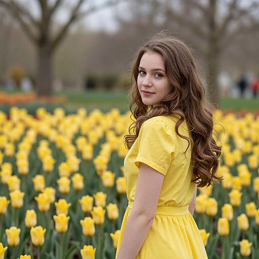 Young Woman in Yellow Dress Among Tulips