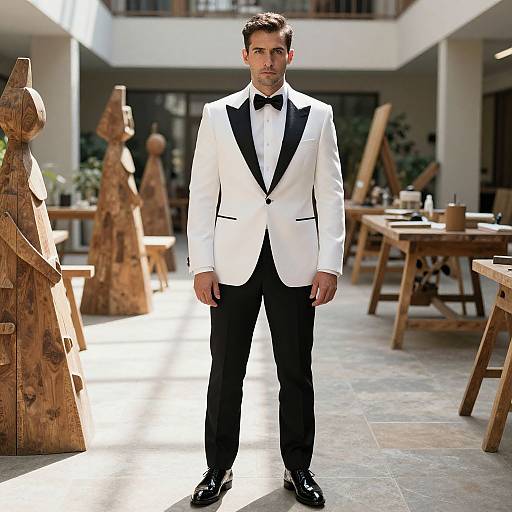Photograph of a handsome man in a white tuxedo with black lapels and bow tie, standing in a sunlit, rustic indoor courtyard with