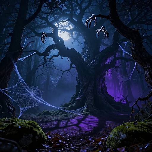 Digital art of a dark, eerie forest with twisted, shadowy trees, glowing blue spiderwebs, and a purple mist under a bright moon.