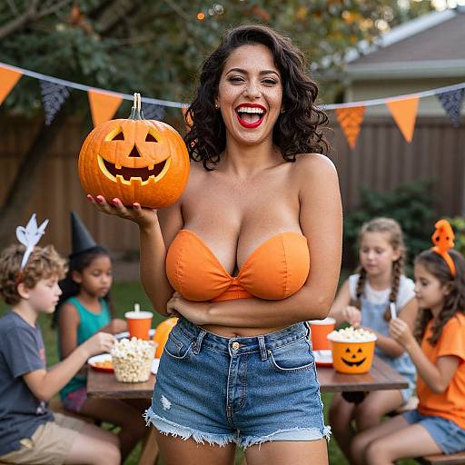 Photograph of a smiling, curvy woman with dark curly hair, large breasts in an orange strapless top, and denim shorts, holding a carved